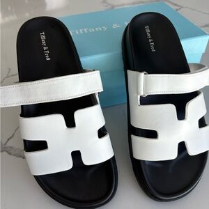 Tiffany & Fred Women's Black and White leather H style Sandals